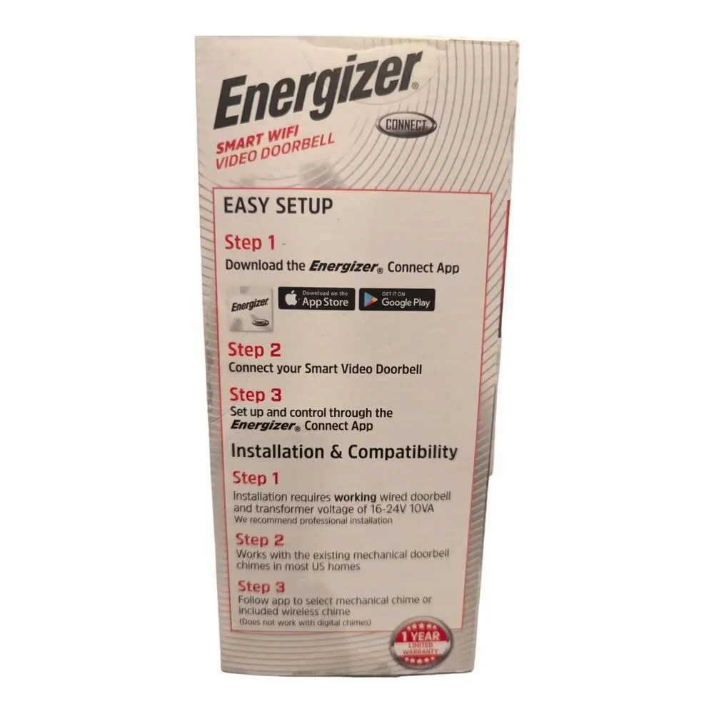 Energizer Smart Wi-Fi 1080p Video Doorbell with Chime Set